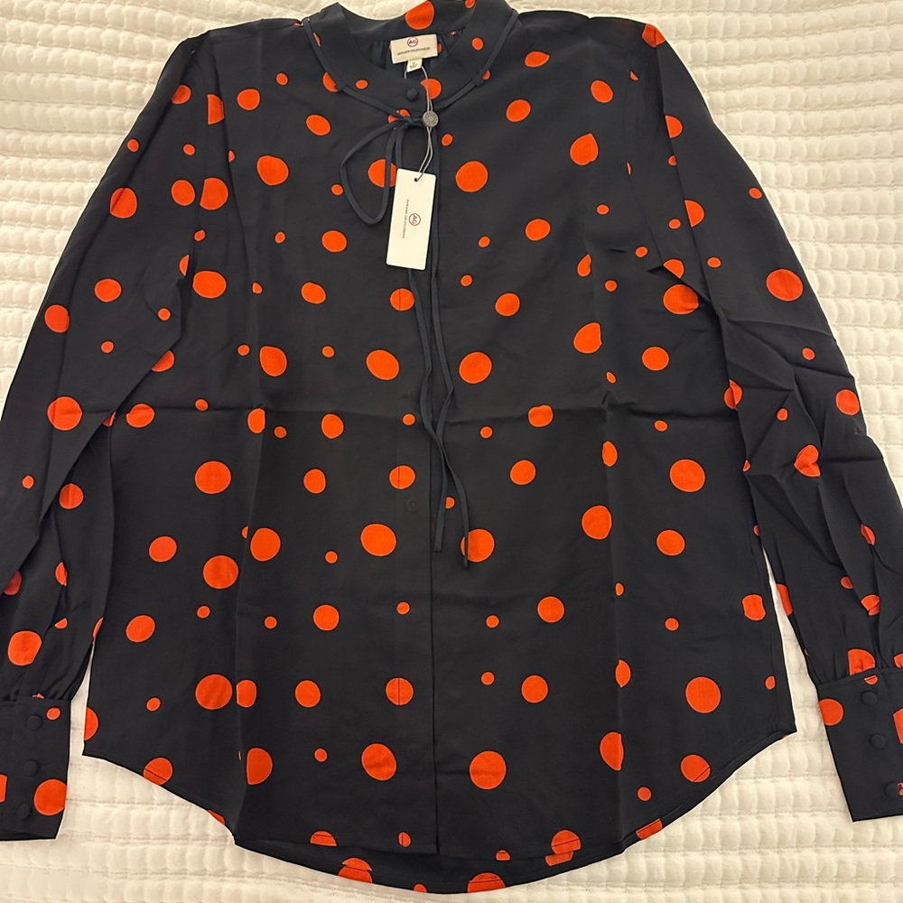 NWT Ag Adriano Goldschmied Navy Blue and Red Polk Dot Blouse